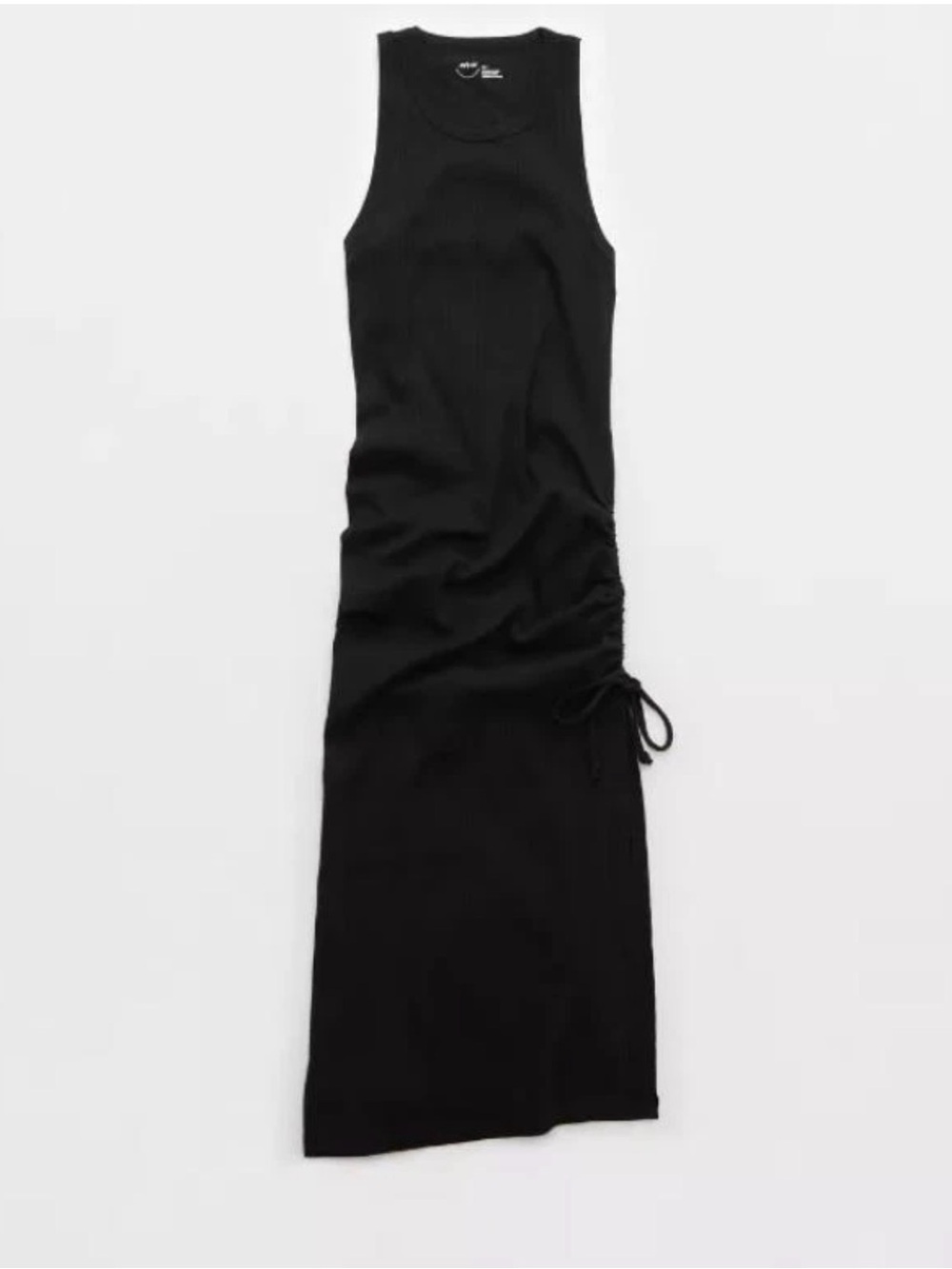 Aerie Ruched Ribbed Midi Dress in true black maxi with side slit XS